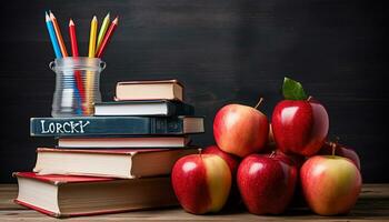 ai gegenereerd stack van boeken Aan houten bureau, terug naar school- gegenereerd door ai foto