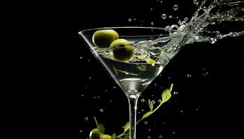 ai gegenereerd verfrissend martini met spatten vloeistof en groen olijf- gegenereerd door ai foto