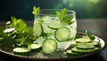 ai gegenereerd verfrissend zomer cocktail met komkommer, limoen, en munt gegenereerd door ai foto