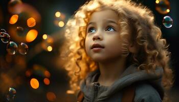 ai gegenereerd glimlachen kind spelen onder verlichte winter boom gegenereerd door ai foto
