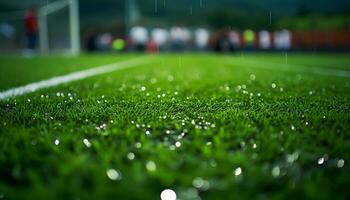 ai gegenereerd geslaagd atleten spelen voetbal Aan groen gras veld- gegenereerd door ai foto