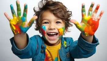 ai gegenereerd glimlachen kind schilderen, blij, speels, kleurrijk knoeien gegenereerd door ai foto
