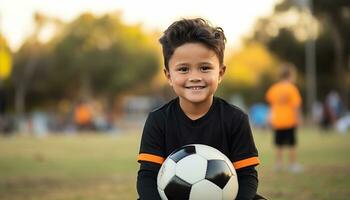 ai gegenereerd glimlachen jongens spelen voetbal, geluk in kinderjaren gegenereerd door ai foto