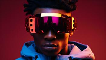 ai gegenereerd jong volwassen Afrikaanse Mens vervelend futuristische slim bril gegenereerd door ai foto