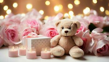 ai gegenereerd schattig teddy beer met roze kaars decoratie gegenereerd door ai foto