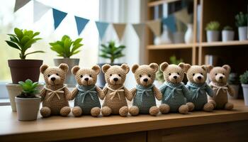 ai gegenereerd schattig teddy beer zittend Aan een houten tafel gegenereerd door ai foto