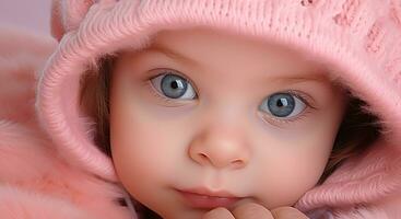 ai gegenereerd glimlachen baby meisje in roze, op zoek Bij camera gegenereerd door ai foto