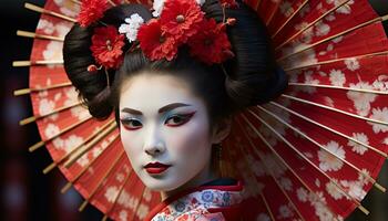 ai gegenereerd mooi geisha met elegant kapsel Holding een bloem gegenereerd door ai foto