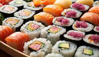 ai gegenereerd versheid en verscheidenheid Aan een bord van sushi gegenereerd door ai foto