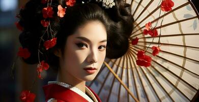ai gegenereerd mooi jong vrouw in traditioneel Japans geisha kleding gegenereerd door ai foto