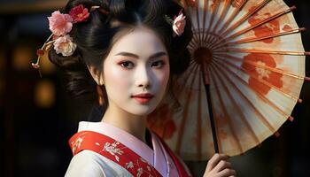 ai gegenereerd jong geisha op zoek Bij camera, elegant en mooi gegenereerd door ai foto