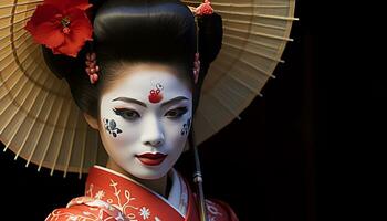 ai gegenereerd mooi geisha in traditioneel kleding, elegant en overladen gegenereerd door ai foto