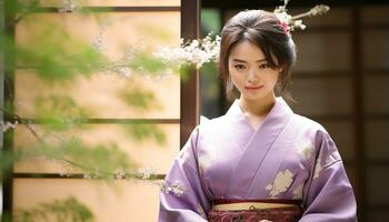 ai gegenereerd mooi jong vrouw in traditioneel Yukata, glimlachen buitenshuis gegenereerd door ai foto