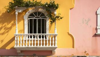 ai gegenereerd oud fashioned balkon met geel facade, omringd door natuur gegenereerd door ai foto