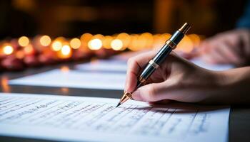 ai gegenereerd hand- Holding pen, ondertekening document Aan tafel gegenereerd door ai foto