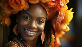 ai gegenereerd jong Afrikaanse vrouw met een mooi toothy glimlach gegenereerd door ai foto