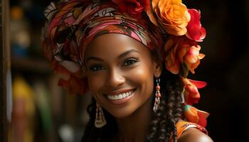 ai gegenereerd glimlachen Afrikaanse vrouw straalt uit vertrouwen en geluk gegenereerd door ai foto
