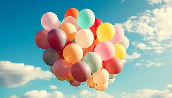 ai gegenereerd blij viering met kleurrijk ballonnen vliegend in de lucht gegenereerd door ai foto