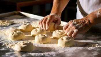 ai gegenereerd bakker handen kneden deeg voor eigengemaakt koekjes gegenereerd door ai foto