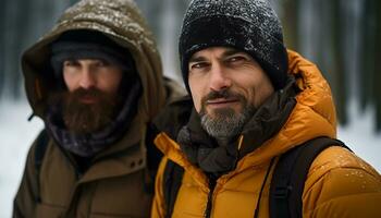 ai gegenereerd twee mannen wandelen in de winter Woud gegenereerd door ai foto