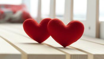 ai gegenereerd romantisch hart vormig hout decoratie Aan tafel binnenshuis gegenereerd door ai foto