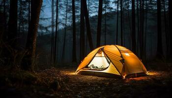 ai gegenereerd camping in de rustig Woud, verlichte door brand gegenereerd door ai foto