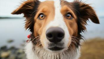 ai gegenereerd schattig puppy zitten, op zoek omhoog, lachend, speels gegenereerd door ai foto