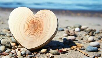 ai gegenereerd liefde in natuur, hart vormig kiezelsteen Aan zanderig strand gegenereerd door ai foto