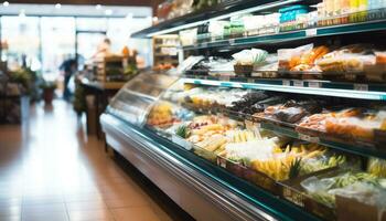 ai gegenereerd versheid en verscheidenheid in een supermarkt gangpad gegenereerd door ai foto