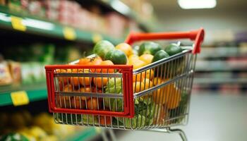 ai gegenereerd vers fruit en groenten vullen de supermarkt schappen gegenereerd door ai foto