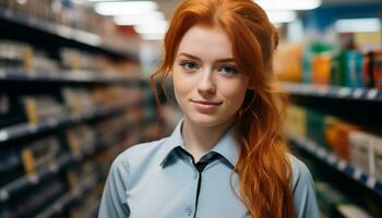 ai gegenereerd glimlachen vrouw boodschappen doen voor gezond boodschappen in op te slaan gegenereerd door ai foto