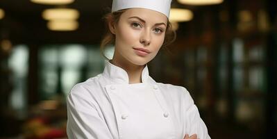 ai gegenereerd glimlachen chef in uniform Koken fijnproever voedsel gegenereerd door ai foto