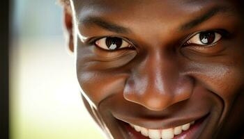 ai gegenereerd glimlachen Afrikaanse vrouw straalt uit geluk in dichtbij omhoog portret gegenereerd door ai foto