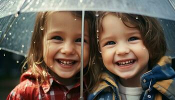 ai gegenereerd glimlachen kind buitenshuis, regenen, vrolijk, nat, schattig gegenereerd door ai foto