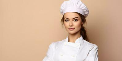 ai gegenereerd glimlachen chef vrouw in uniform Koken heerlijk voedsel gegenereerd door ai foto