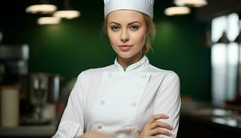 ai gegenereerd glimlachen chef in uniform Koken met vertrouwen gegenereerd door ai foto