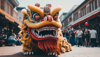 ai gegenereerd draak masker brengt juichen naar traditioneel Chinese viering gegenereerd door ai foto