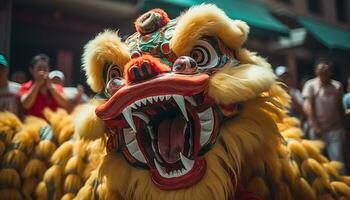 ai gegenereerd kleurrijk draak dansen brengen opwinding naar traditioneel Chinese cultuur gegenereerd door ai foto