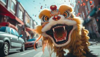 ai gegenereerd kleurrijk draak dansen brengen vreugde naar Chinese vieringen gegenereerd door ai foto