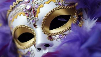 ai gegenereerd gevederde masker verbergt elegantie in Italiaans mardi gras gegenereerd door ai foto
