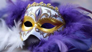 ai gegenereerd gevederde masker brengt elegantie naar mardi gras viering gegenereerd door ai foto