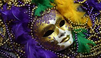 ai gegenereerd mardi gras viering, masker, kostuum, elegantie, goud, schitteren gegenereerd door ai foto