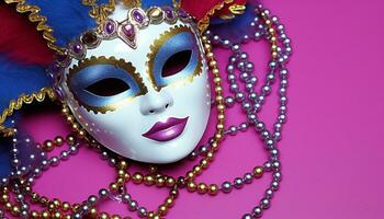 ai gegenereerd mardi gras masker, een Purper, goud, en elegant vermomming gegenereerd door ai foto