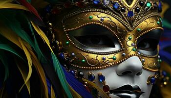 ai gegenereerd mardi gras masker, veer decoratie, mysterie en elegantie gegenereerd door ai foto