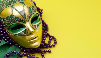 ai gegenereerd mardi gras viering, kostuum, masker, elegantie, kraal, glimmend, mysterie, luxe, veer gegenereerd door ai foto