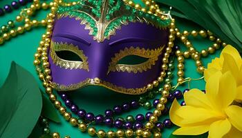 ai gegenereerd goud kostuum, masker, mardi gras, glimmend ketting, veer elegantie gegenereerd door ai foto