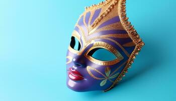 ai gegenereerd elegant blauw masker schijnt Bij Italiaans carnaval viering gegenereerd door ai foto
