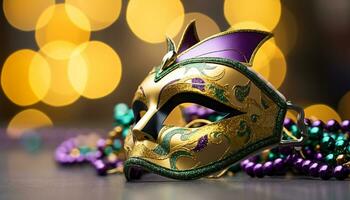 ai gegenereerd glimmend goud kostuum masker brengt mardi gras viering gegenereerd door ai foto