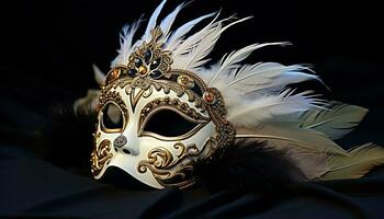 ai gegenereerd gevederde masker voegt toe elegantie naar mysterieus kostuum gegenereerd door ai foto