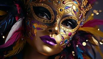 ai gegenereerd glamoureus vrouw in goud masker Bij mardi gras gegenereerd door ai foto